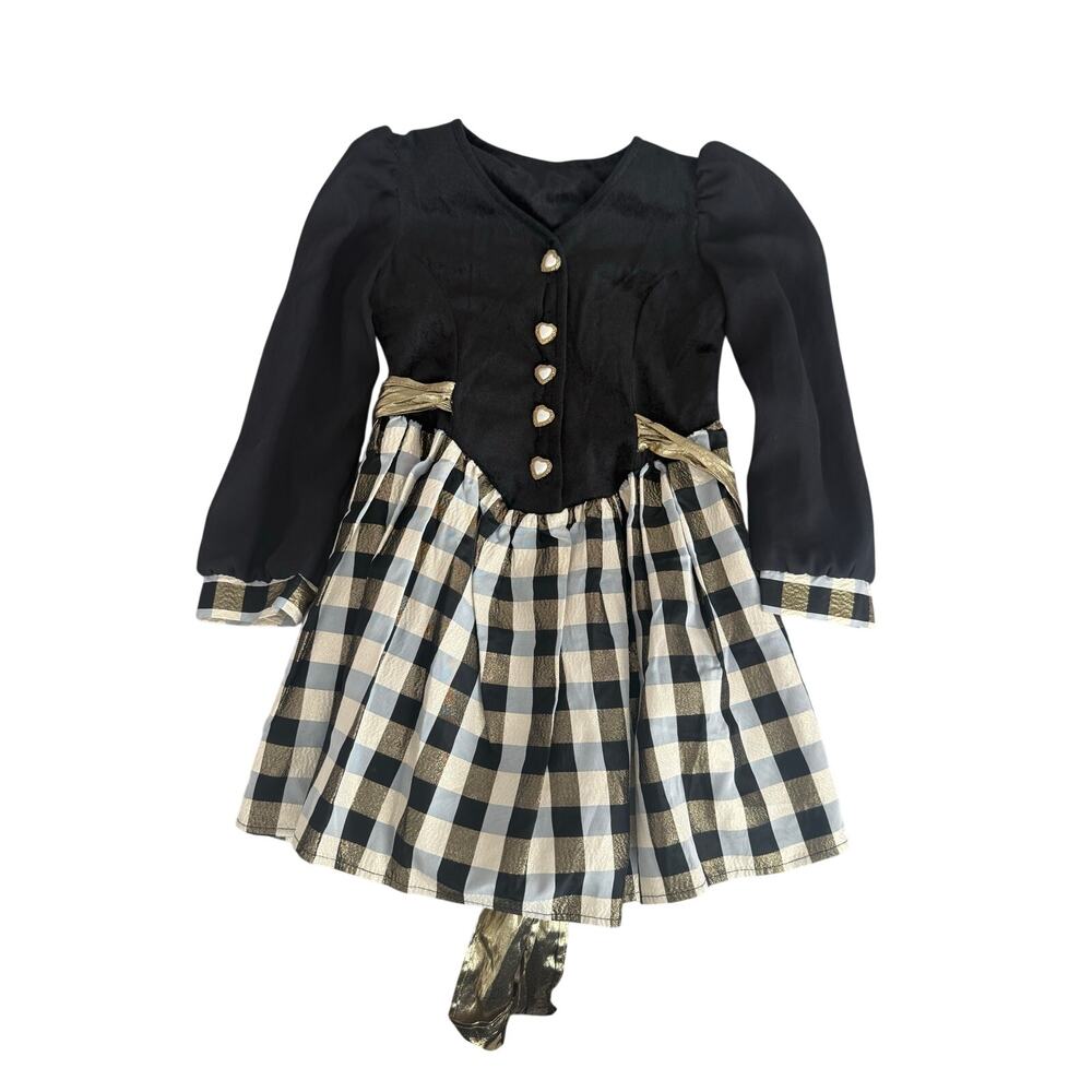Vintage Rose Cottage Girls Holiday Dress | Size 5 | Black Velvet & Gold Plaid